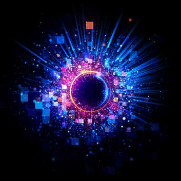 Abstract image: bright colours around a black circle on a black background.