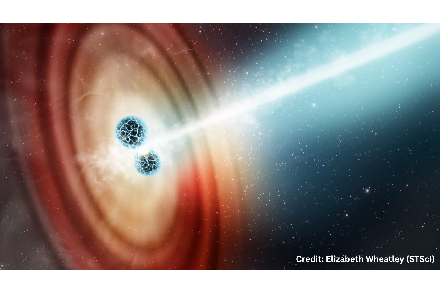 Artist's impression of two neutron stars colliding, known as a "kilonova" event. Credits: Elizabeth Wheatley (STScI)