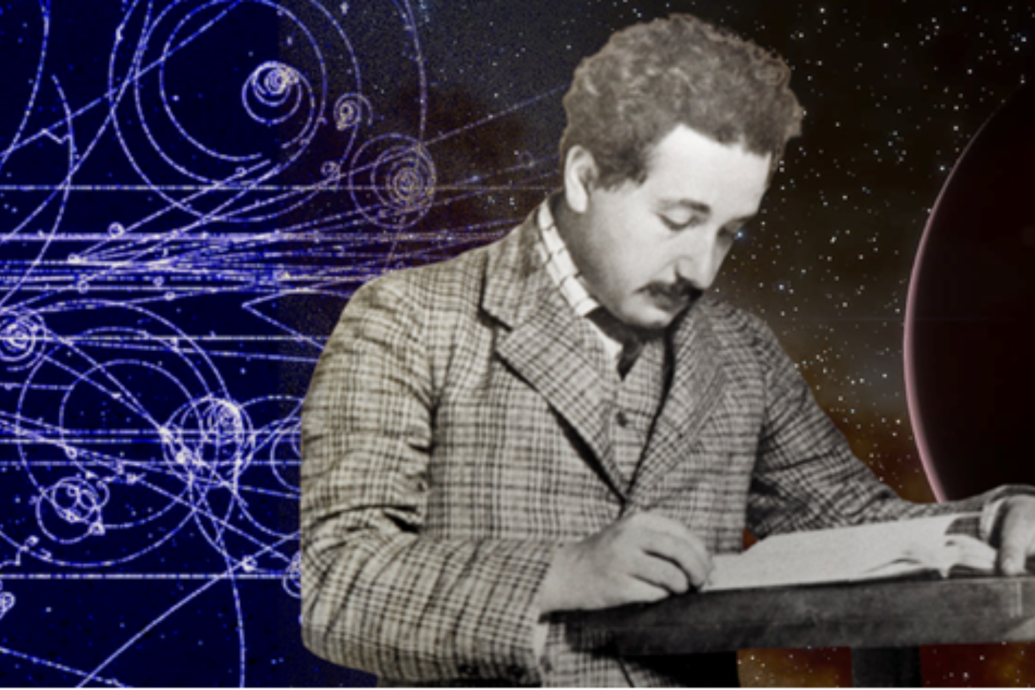 B&W picture of Einstein looking at book with particle and exoplanet background