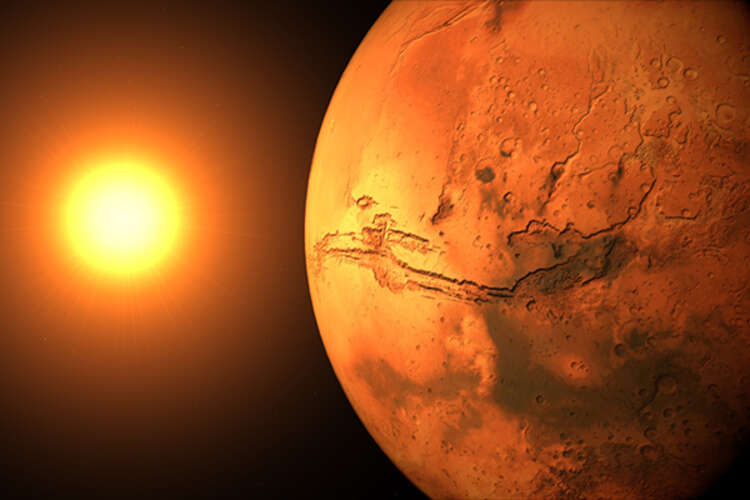 A rendering of planet Mars with the sun to the left
