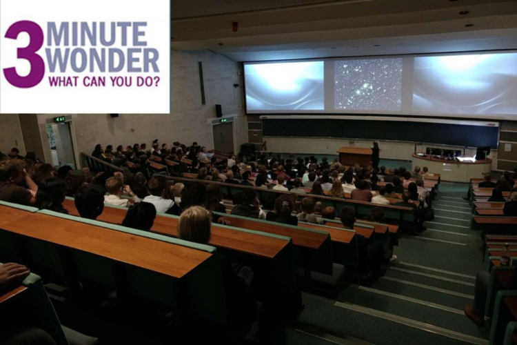 Image of lecture theatre with audience and screen and 3 minute wonder logo