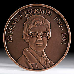 The inscription on the medal reads: Daphne F Jackson 1936 to 1991