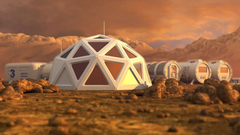 Artistic impression of a storage warehouse above ground on Mars.