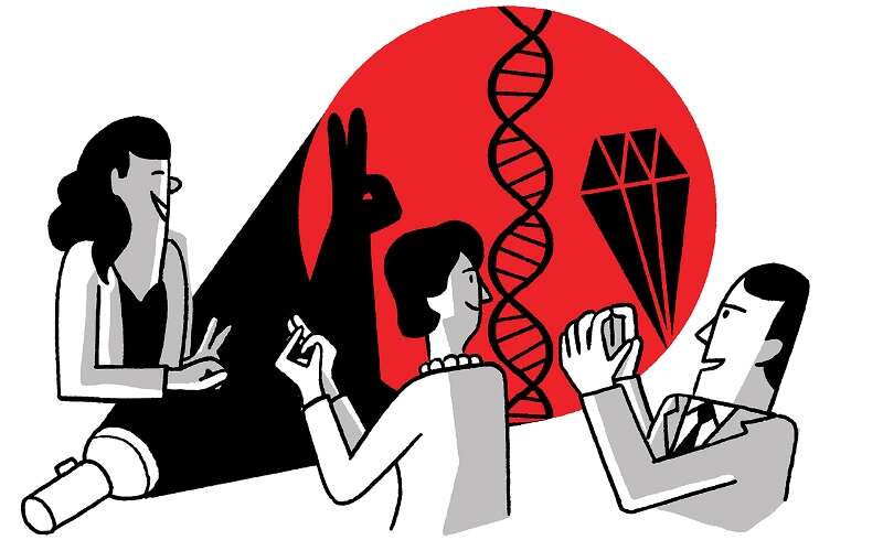 Crystallography cartoon three people making shadow rabbits with their hands