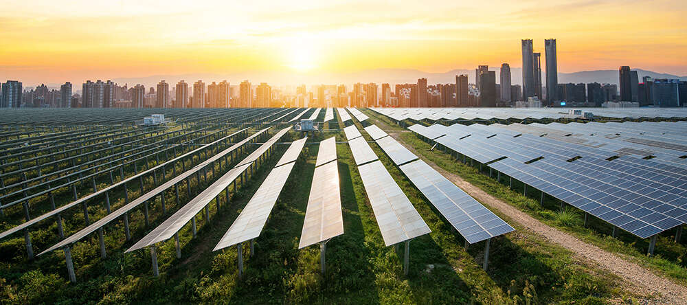 A solar farm converts sunshine to electricity helping to power nearby homes and businesses.