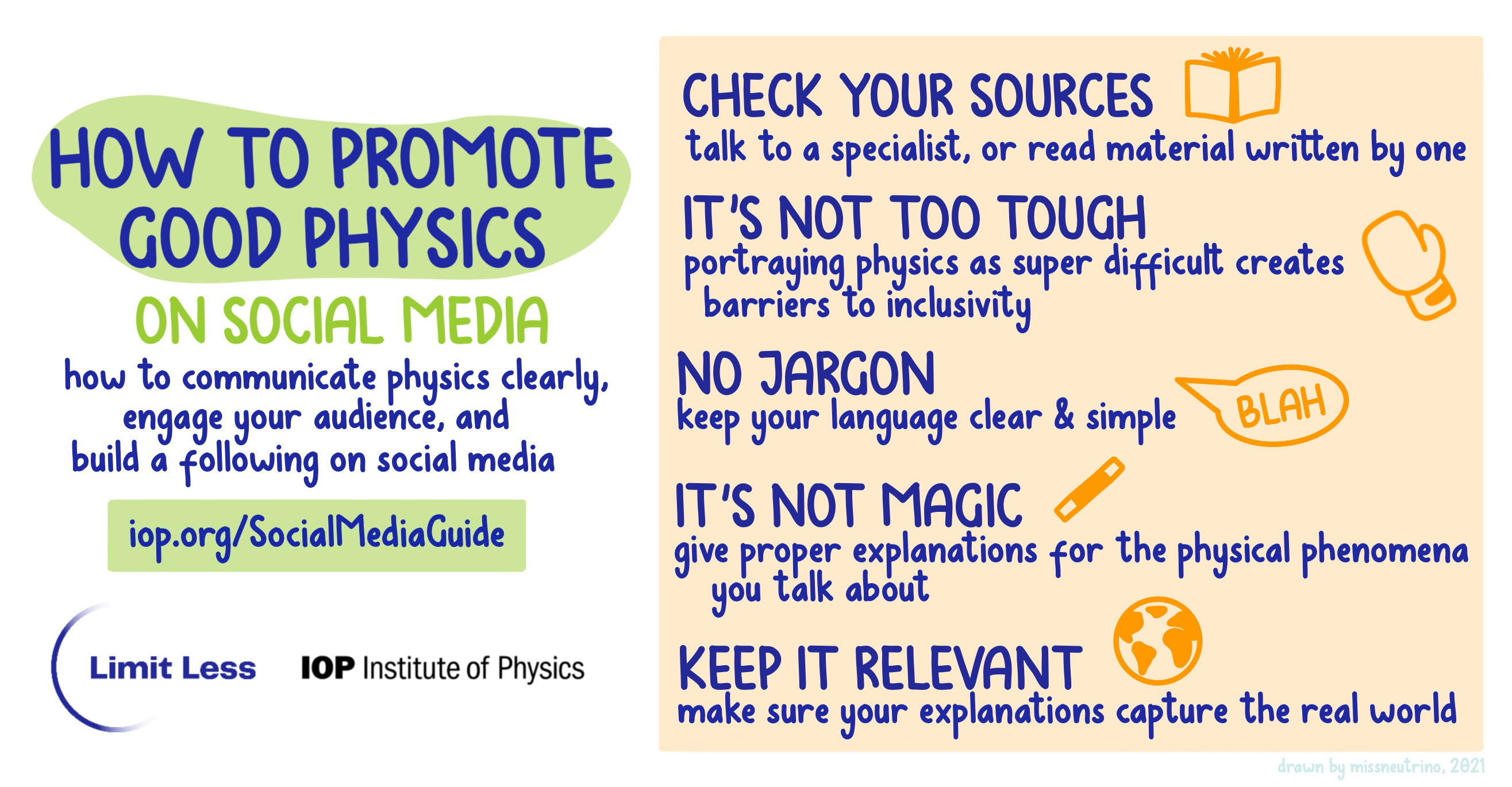 Image text reads: How to promote good physics on social media: How to communicate physics clearly, engage your audience, and build a following. Check your sources: talk to a specialist, or read material written by one. It’s not too tough: Portraying physics as super difficult creates barriers to inclusivity. No jargon: Keep your language clear and simple. It’s not magic: Give proper explanations for the physical phenomena you talk about. Keep it relevant: Make sure your explanations capture the real world.