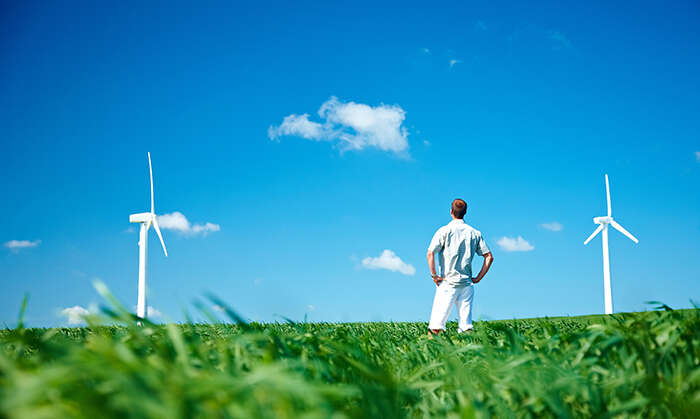 Wind turbines against a blue sky in a field with a man watching on
