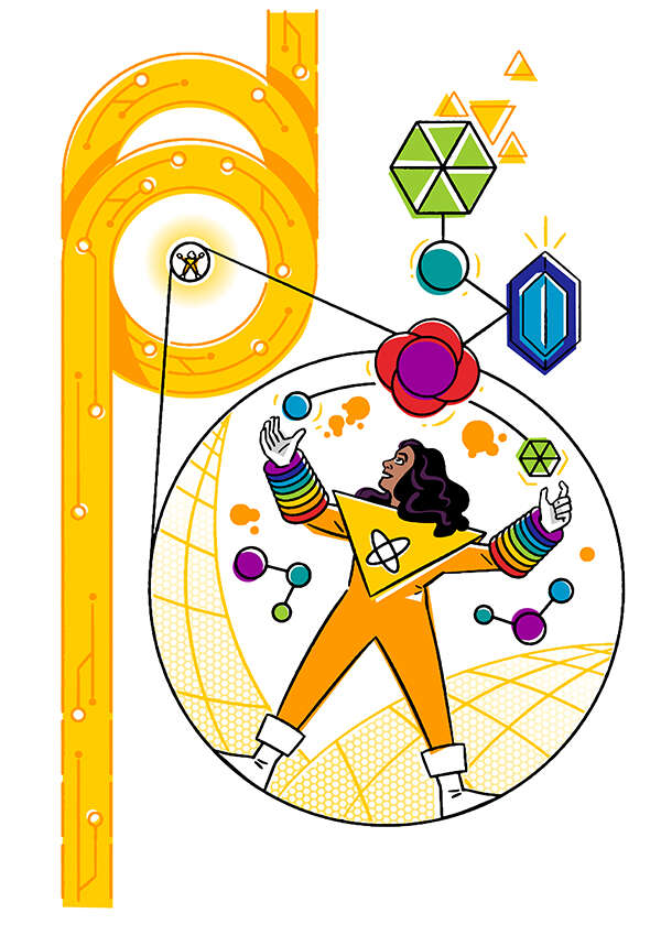 Maddison Coke superhero avatar illustrating work with atoms