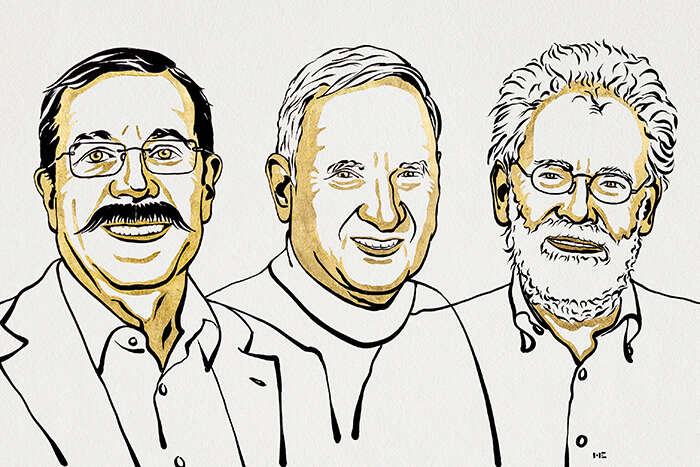 An illustration of the 2022 Nobel Prize in Physics winners Alain Aspect, John F Clauser and Anton Zeilinger