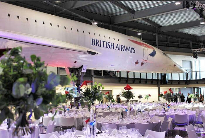 Alpha Foxtrot Concorde towering over tables at Aerospace Bristol