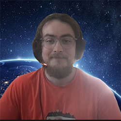 A headshot of Rhys Evans, Software Developer at the Centre for Environmental Data Analysis with a cosmic background